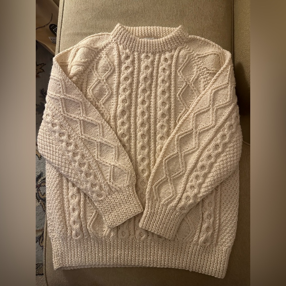Classic Cream Cable Knit Sweater Irish hand knitted pure wool size xl